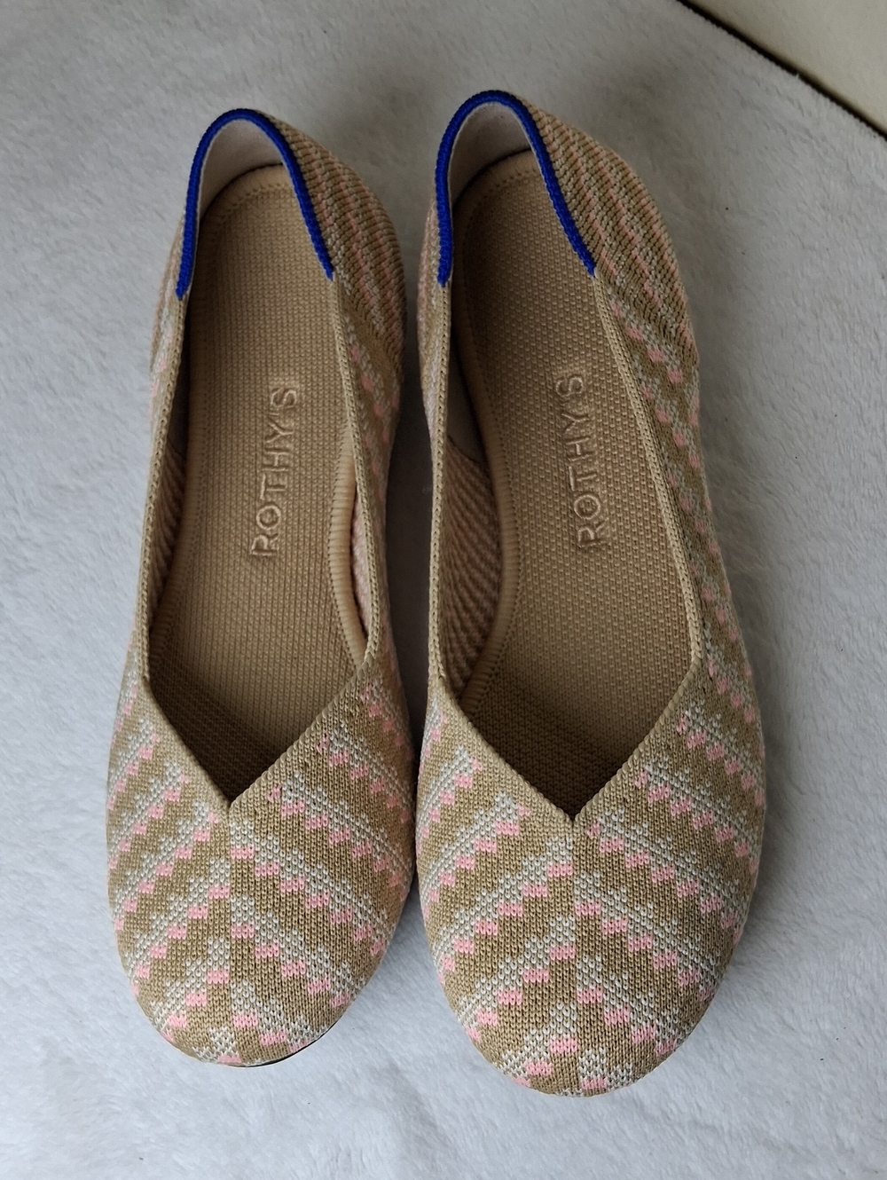 Rothy's Beige and Pink Knit Slip-On Flats with Blue Trim